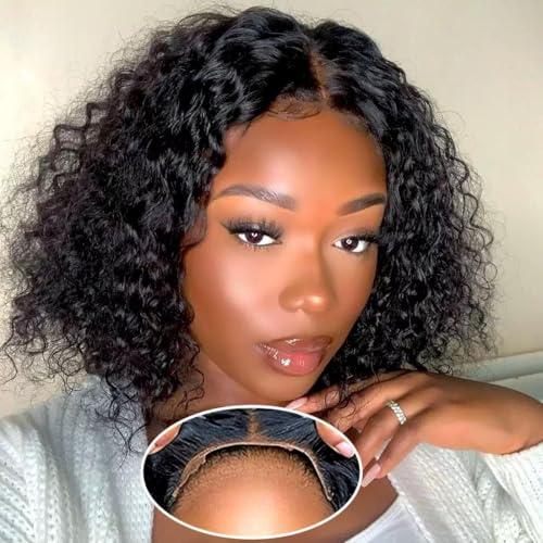 XIROM UN Glueless Wigs Human Hair Pre Plucked Pre Cut Wear and Go Glueless Wig for Beginners Bob Wig Human Hair 180% Density Deep Wave Curly Lace Front Wig 14 Inches Natural Black