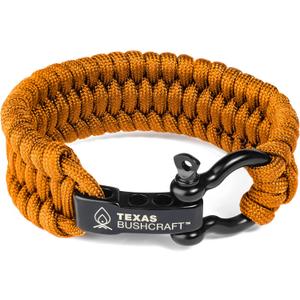Texas Bushcraft Firecraft Cord Survival Bracelet  Paracord Bracelet with Bow Shackle for Camping and Emergency  3 Extra Strands Include Wax Thread, Tinder, and Fishing Line (M (6-7" wrist), Burnt Orange)