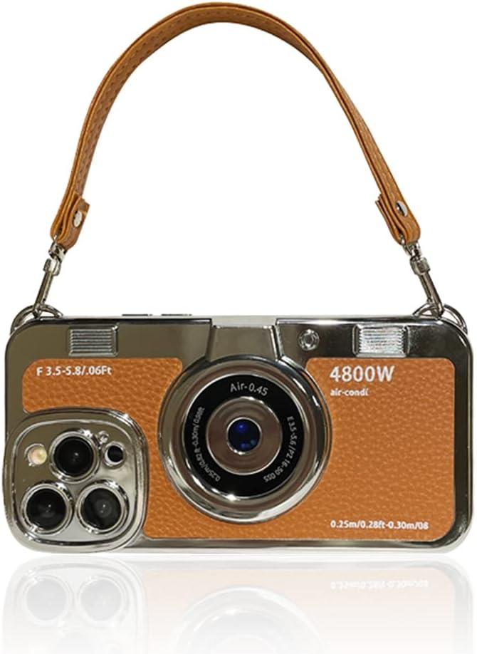 3D Vintage Camera Phone Case with Hand Strap - Unique Cool Silicone PC Shockproof Crossbody Protective Case for iPhone 13 Pro Max-Brown