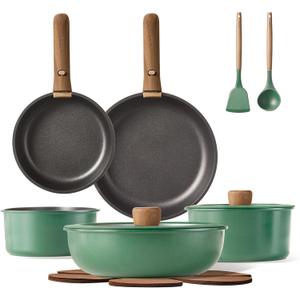 CAROTE 15pcs Pots and Pans Set, Nonstick Cookware Set Detachable Handle, Induction Kitchen Cookware Sets Non Stick with Removable Handle, RV Cookware Set, Oven Safe (Green)