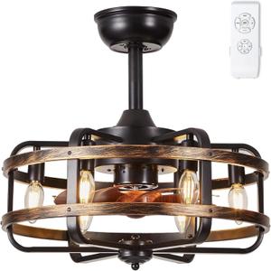 Caged Ceiling Fans with Lights Black Farmhouse 18 Flush Mount Bladeless Rustic Chandeliers Fan Lights with Remote Vintage Reversible Ceiling Fan for Living Room Bedroom Kitchen 6 Light Bulb Base E12