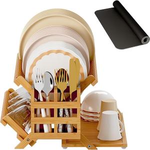 Greenual Bamboo Dish Drying Rack with Utensil Holder, 3 Tier Collapsible Dish Rack, Wooden Dish Racks for Kitchen Counter, Large Folding Drying Holder with Absorbent Dish Drying Mat