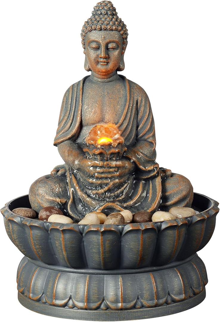 Kalona Home Dcor 9.6" Tabletop Fountain Exquisite Smile Sitting Buddha Fountains Desk Water Fountain Decorative Zen Fountain w/Reflective Lighting/Cobblestone Office and Home Decor(21125A)