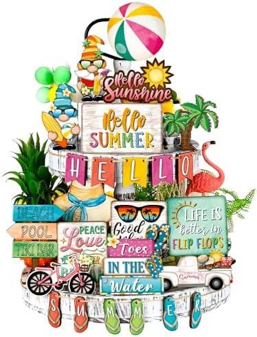 Yuntau 26 Pcs Summer Tiered Tray Decor Sets Farmhouse Summer Gnome Watermelon Strawberry Wood Sign Spring Hawaii Tiered Tray Decorations for Tabletop Home Shelf Kitchen Office(Gnome)