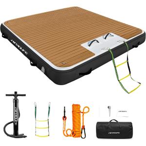 Inflatable Floating Dock with Wood Grain EVA, Non-Slip Water Floating Dock Swim Platform with Detachable Ladder Swim Deck Raft Water Platform for Lake Pool Ocean