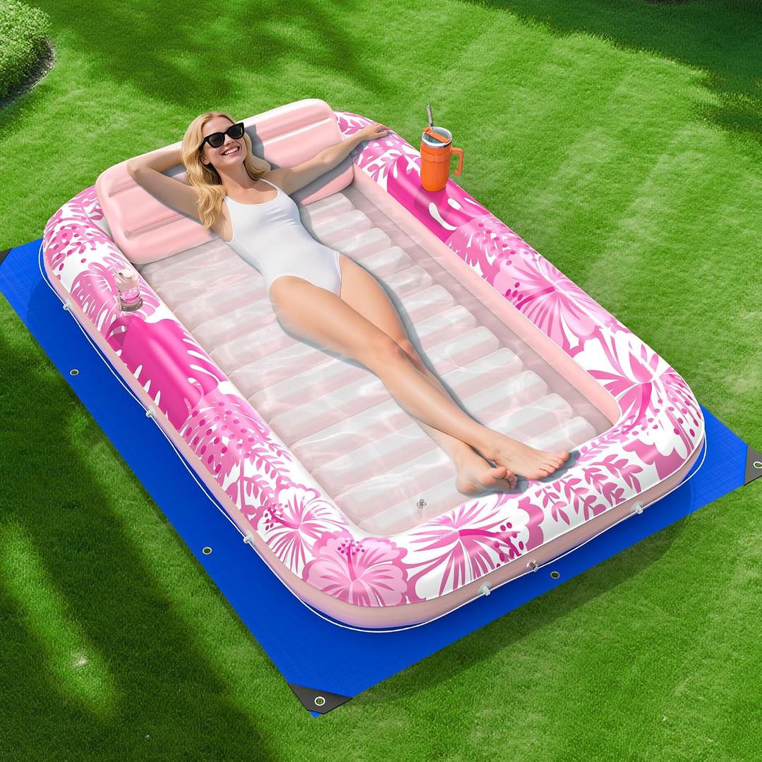 Inflatable Tanning Pool Lounger Float with Protection Tarp, 70" x 46" Pool Floats Adult with Pillow, 6 in 1 Suntan Tub Raft Floatie, Sunbathing Water Bed Lounge Blow Up Kids Ball Pit Party Gifts-Pink, Large