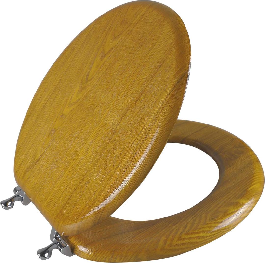 Angel Shield Durable Wood Veneer Natural Toilet Seat Metal Hinged Easy Clean Anti-scratch American Standard(Round,Oak)