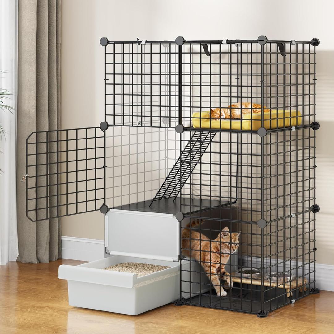 YITAHOME 3-Tier Cat Cage with Litter Box: DIY Cat Enclosures Indoor for 1-2 Kittens, Black