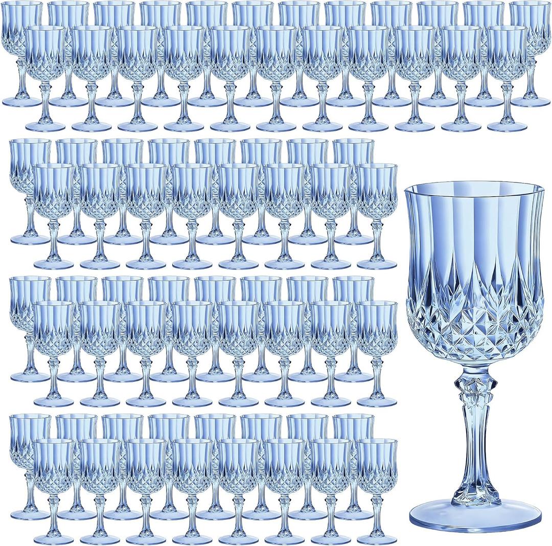 7OZ Plastic Wine Glasses, Reusable Vintage Goblets Unbreakable Drinking Glasses Crystal Water Cups Champagne for Wedding, Parties (100, Blue)