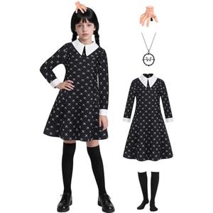 Oumbivil Girls Halloween Costumes Kids Black Dress with Socks Necklace Hairpin for Birthday Outfits, Size 140 ( 9-10 Years) 