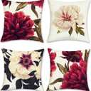 Bonhause Spring Floral Throw Pillow Covers 18x18 Inch Red Peony Burgundy Flower Outdoor Decorative Pillow Cases Polyester Linen Cushion Covers for Sofa Couch Bedroom Home Decor Set of 4
