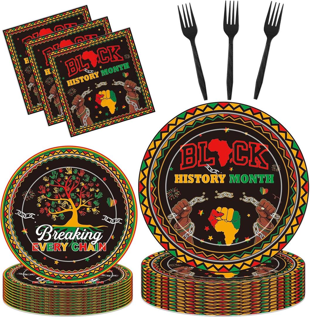 Black History Month Decorations - 96 Pcs Disposable Paper Dessert Plates Napkins Forks Tableware Decor Set BHM African American Party Supplies for Juneteenth Freedom Day Serves 24 Guests