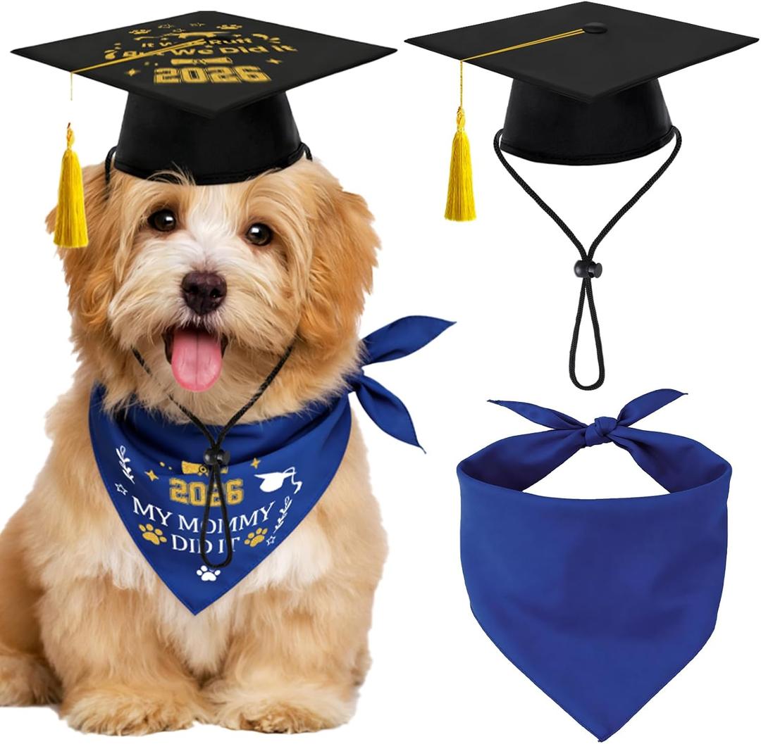 2 x 3 PCS Dog Graduation Costume Set Include 2026 Black Pet Graduation Cap and Bandana with Tassels for Dogs Cats Party Dress Costume AccessoryBlue
