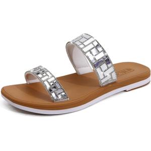 ONCAI Women's Slide Sandals Trendy Square Summer Flat Dressy Sandals for Women 2025 Cross Strappy Open Split-Toe Ring with Slip-on Rubber Soles, Silver Khaki（run Small,size Up）