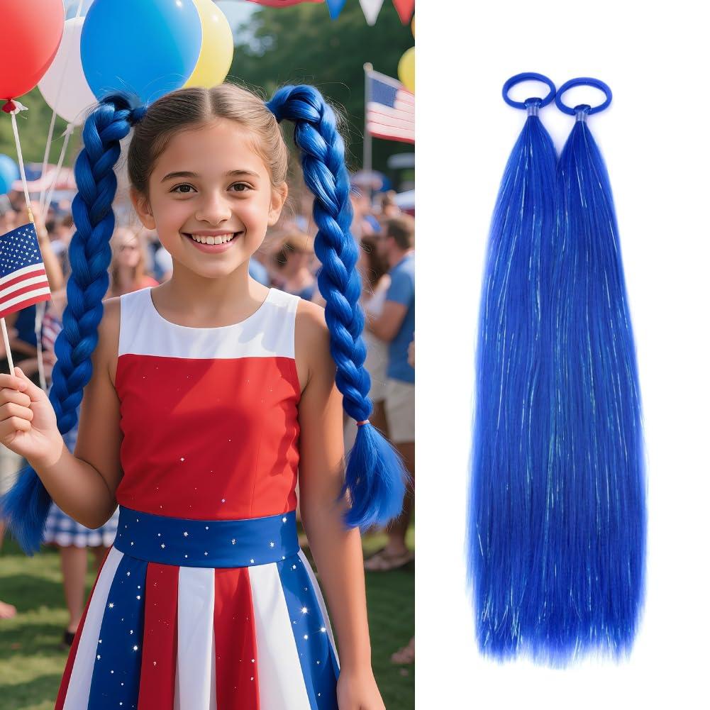 Blue Hair Tinsel for Women, Ponytail Extensions With Rubber Band Girls Accessories Daily Party Festival Halloween Hair Pieces Ponytail Extension Braiding Rave Wacky Crazy Day Hair 2pcs/lot