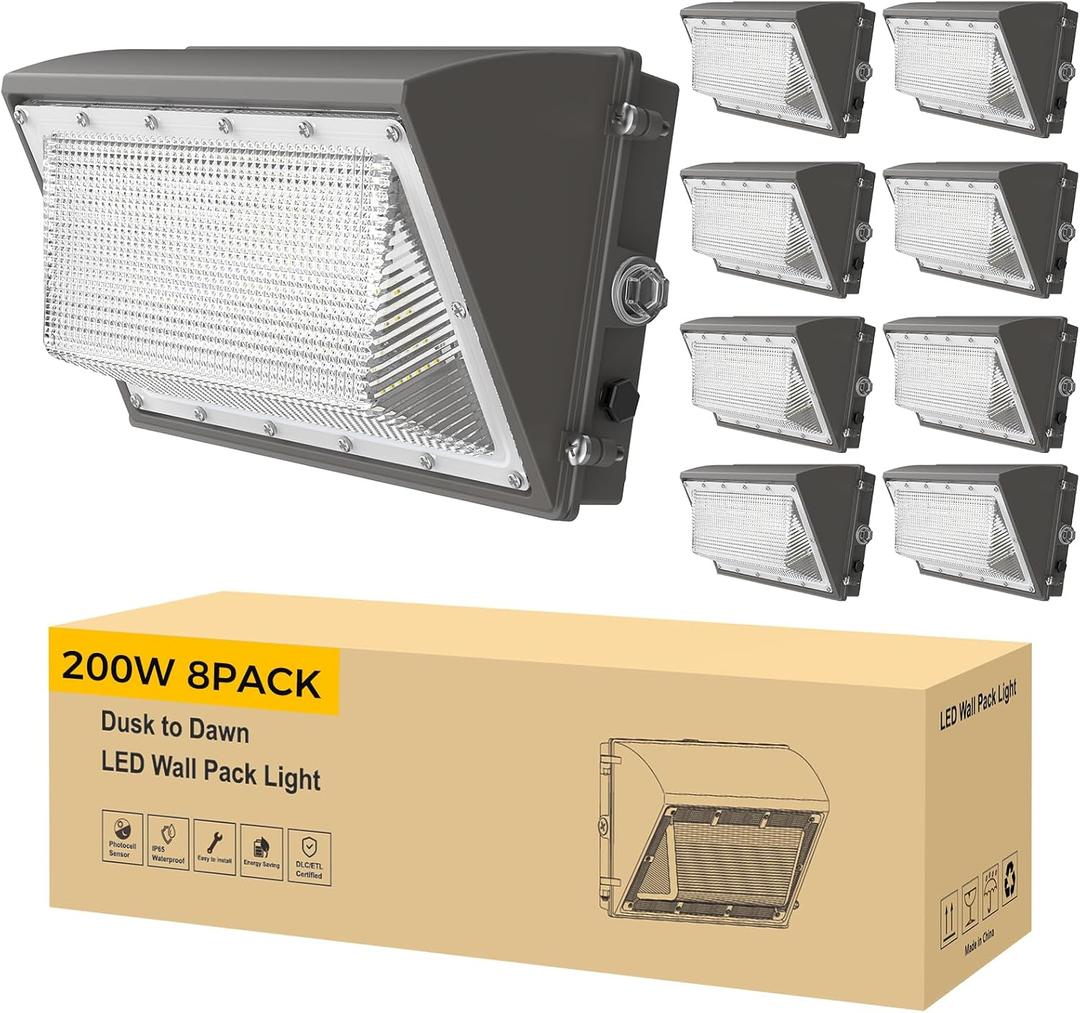 AIKVSXER 200W LED Wall Pack Light, 32000LM 6000K Dusk to Dawn Lights 8 Pack