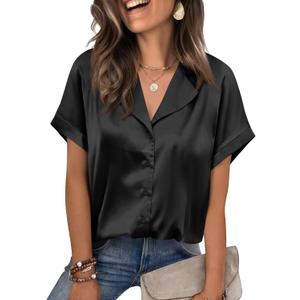 Cicy Bell Womens Short Sleeve Satin Button Down Shirts Dressy Casual Tops | V Neck, Relaxed Fit, Work Attire, Office Wear, Business Outfits (XXL)