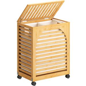 Laundry Hamper with Wheels, Large Laundry Basket with Lid, 27.3 Gallon (103.4L) Bamboo Wood Clothes Laundry Hamper 2 Section with Handles, Removable Liner