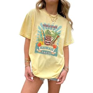 Women's Hawaiian Graphic Tee Tropical Floral, Hawaii Retro Vacation, Loose Short Sleeve T Shirts for Summer Beach (Yellow, L)