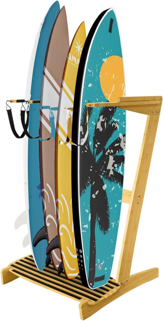 TWO STONES Vertical Surfboard Rack | Surfboard Stand - Surf Rack of Free Wall Mount, Freestanding Surf Board Holder for Shortboard, Paddleboard, Snowboard, Skateboard, Ski and Wakeboard(4 Boards), Bamboo Wood 