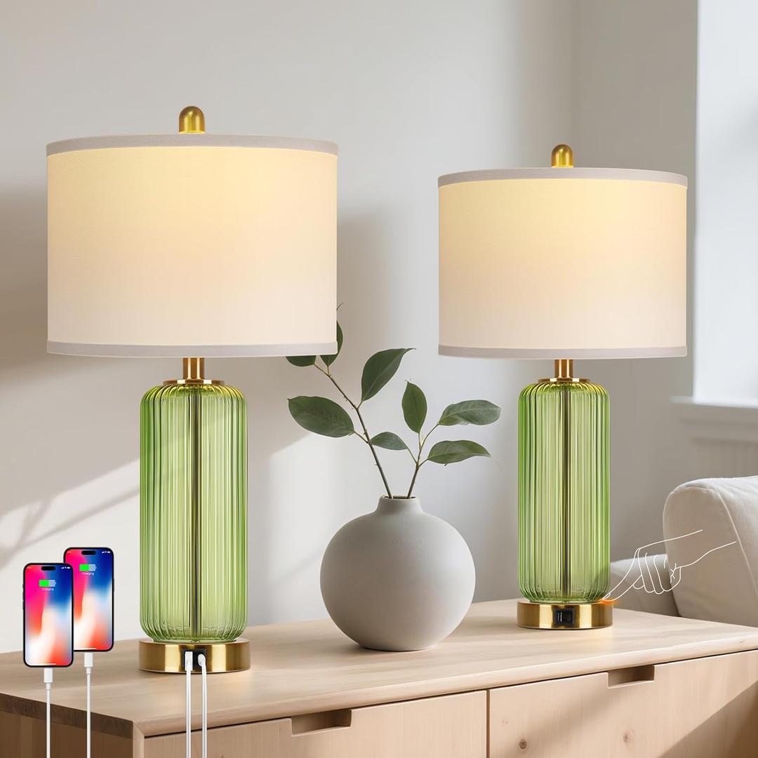 Table Lamps Set of 2 with Touch Control, 3-Way Dimmable Nightstand Lamp with Vertical Grained Glass, 27" Modern Glass Bedside Lamps with USB A+C Ports, Green Bedside Table Lamps, Desk Lamp for Bedroom