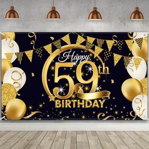 59th Birthday Party Decoration, Extra Large Fabric Black Gold Sign Poster for Anniversary Photo Booth Backdrop Background Banner, Birthday Party Supplies, 72.8 x 43.3 Inch