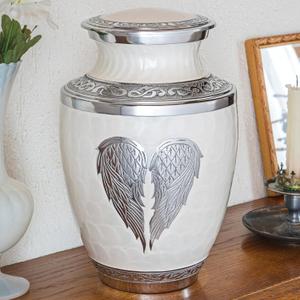 Olivia Memorials White Urn for Ashes for Women and Men - Free Pendant Necklace - Angel Wings Heart Cremation Urns for Adult Male and Female - Funeral Decorative Urn for Mom Mother (Large)