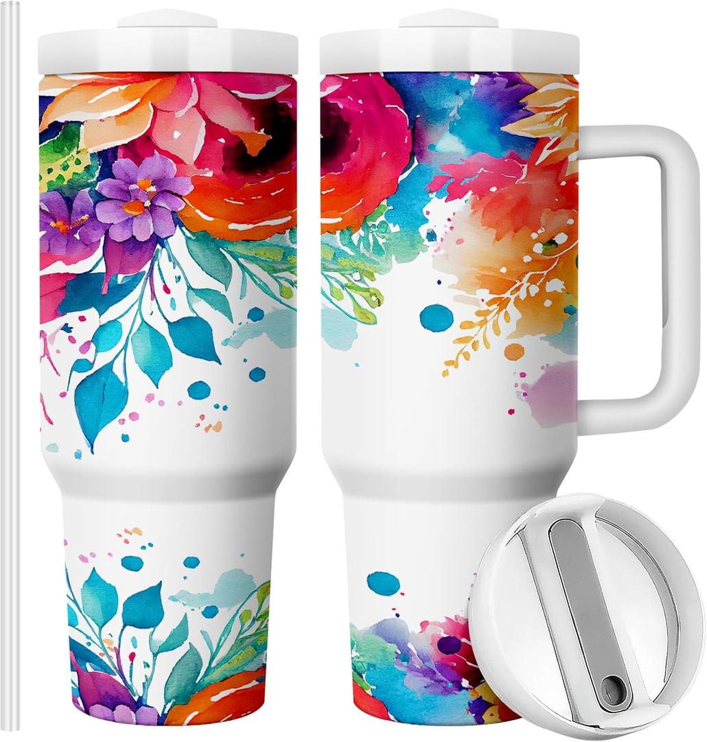 40oz Travel Mug Tumbler for Mom,Christmas, Birthday, and Mother's Day Gift from Daughter Son, Double Wall Vacuum Insulated with Handle,Colorful Floral Design (Pack of 1)