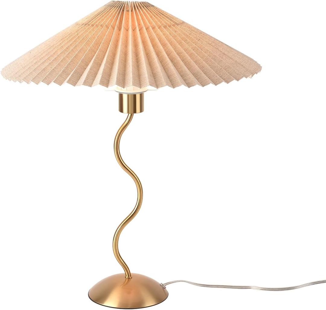 Gold Pleated Small Table Lamp, Brass Modern Bedside Table Lamp for Bedroom, Mini Pleated Lamp Shape, MCM Table Lamp Bedroom Bow Lamps for Nightstand