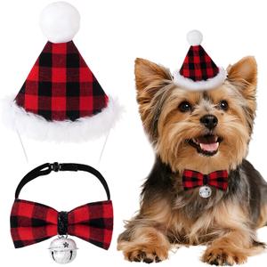 Dog Buffalo Plaid Christmas Hat and Bowtie Set, 2Pcs Pet Christmas Outfit Costume for Small Medium Dogs Cats (Red)