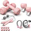 HTQ Adjustable Dumbbells, 5 in 1 Dumbbells Set Used as Barbell, Kettlebells, Jump Rope, Wrist Weights, Resistance Band, Fitness Exercises for Home Gym Suitable for Women, Pink/Green Set Weight 6LB