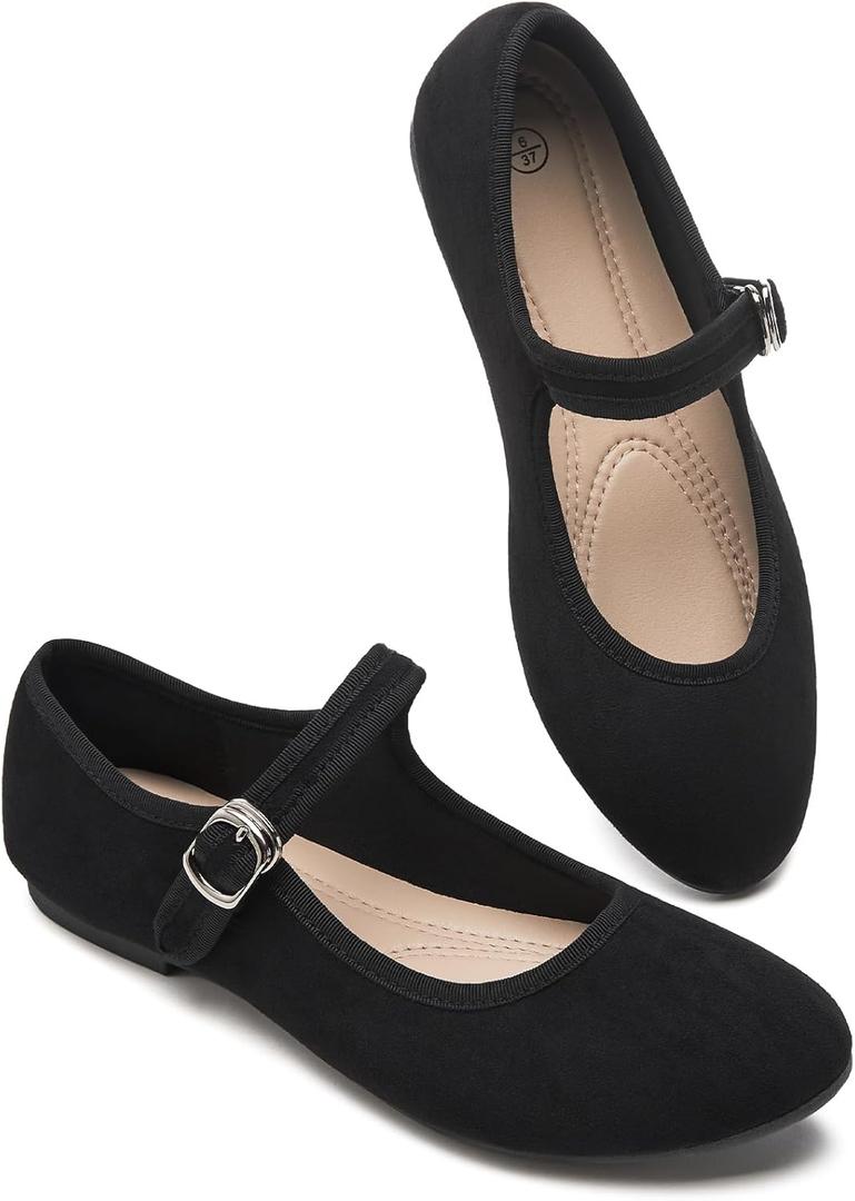 BABUDOG Womens Mary Jane Flats with Strap,Faux Suede Black Flats Shoes,Flats Shoes Women Dressy Comfortable