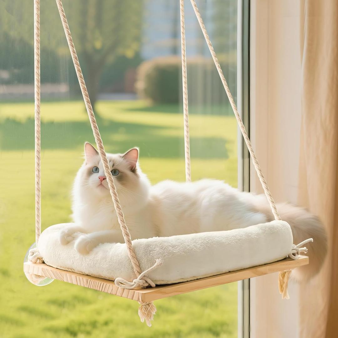 Cat Window Perch, Rustic Cat Hammock Bed with Solid Wood Seat 4 Heavy Duty Suction Cups, Plush Cushion, Indoor Pet Window Hammock for Cats for Large Cats (Medium)
