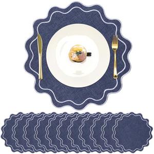 Gandeer Set of 12 Cotton Linen Placemats, 15x15 Scalloped Flower Embroidery Cloth Table Mat Double Layered Fabric Washable Wrinkle Free Dining for Wedding Baby Shower Bridal Decor(Navy Blue)