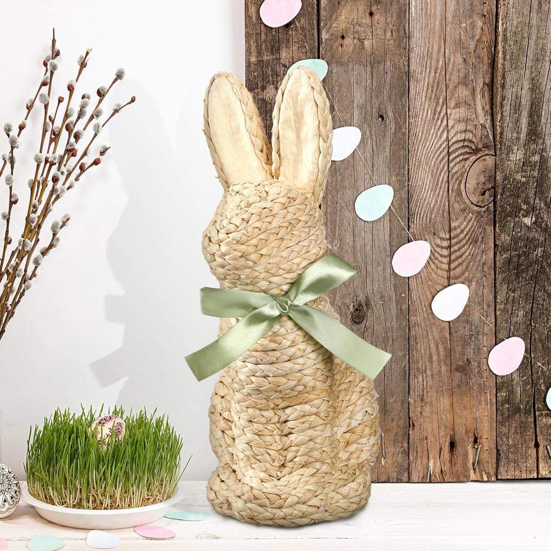 16 Inches Cornhusk Woven Bunny Easter Decor Spring Easter Woven Bunny Rabbit Collection Crafts Without Bow Decorations Rabbit Figurine Ornaments for Spring Home Kitchen Farmhouse Decor Centerpiece