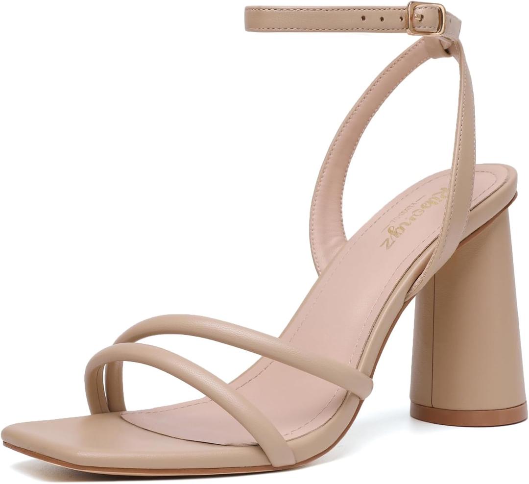 RIBONGZ Block Heels Prom Heeled Sandals for Women Chunky Square Open Toe Strappy High Heels Ankle Strap Wedding Bridal Shoes High Heel Sandals for Party Dress (8.5, Nude)