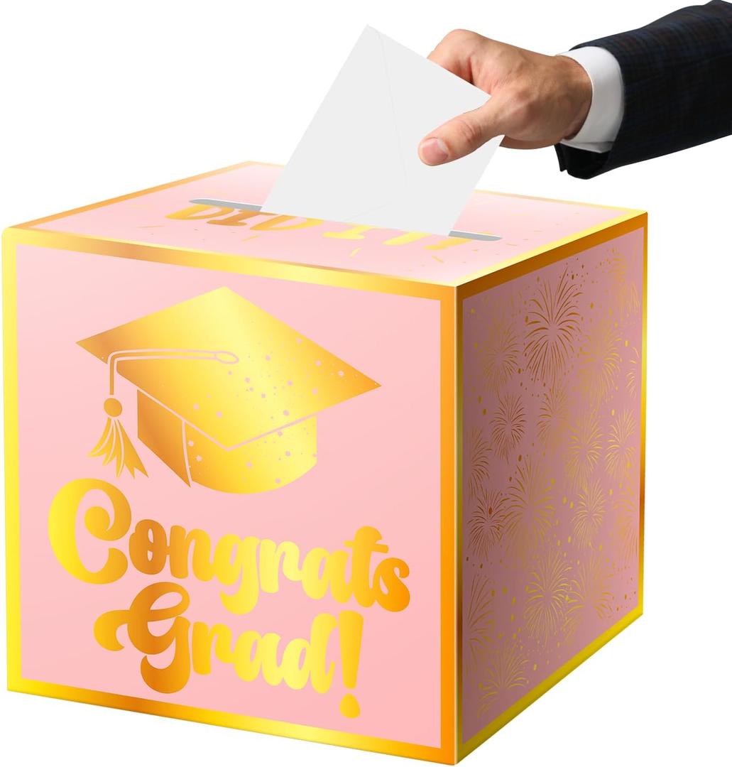 Graduation Card Box, Cardboard Congrats Grad Card Boxes Holder, Pink and Gold Graduation Gift Cards Box for Graduation Party Decorations Favors Decor Supplies Props
