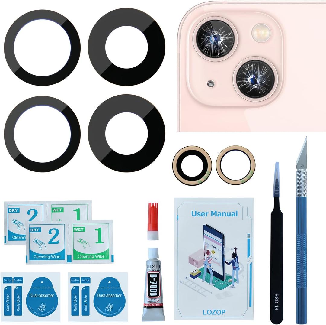 2 Sets Rear Camera Lens Glass Replacement with Adhesive Pre-Installed Compatible for iPhone 13/13 Mini (2 Pieces/Set) with Repair Tools and Installation Manual