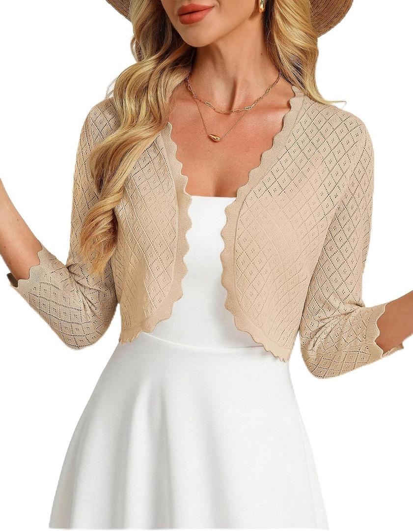 GRACE KARIN Womens 2026 Bolero Shrug 3/4 Sleeve Crochet Cropped Cardigan Open Front Knit Shrugs for Dresses X-Large