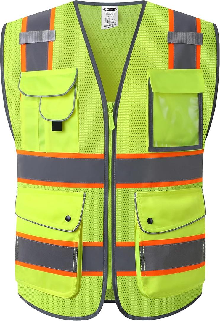 JKSafety 9 Pockets Hi-Vis Neon Yellow Zipper Front MESH Safety Vest with Fluorescent Orange Extend Edge outlining the Reflective Tapes Meet ANSI/ISEA Class 2 Standard (100-Yellow, L)