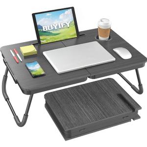 BUYIFY Foldable Laptop Bed Desk for Couch, Sofa - Large Lap Desk Tray Table with Cup Holder and Tablet Slot - Portable Notebook Stand for Eating, Writing, Studying and WFH (Black)- USA Original Patent