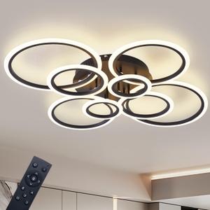 Modern LED Ceiling Light, Semi-Flush Mount with Remote Control, Dimmable Brightness (3000-6000K), 8-Ring Black Design for Living Room, Bedroom, Hallway, Kitchen, and Dining Room Ceiling Lamp (8 Rings)