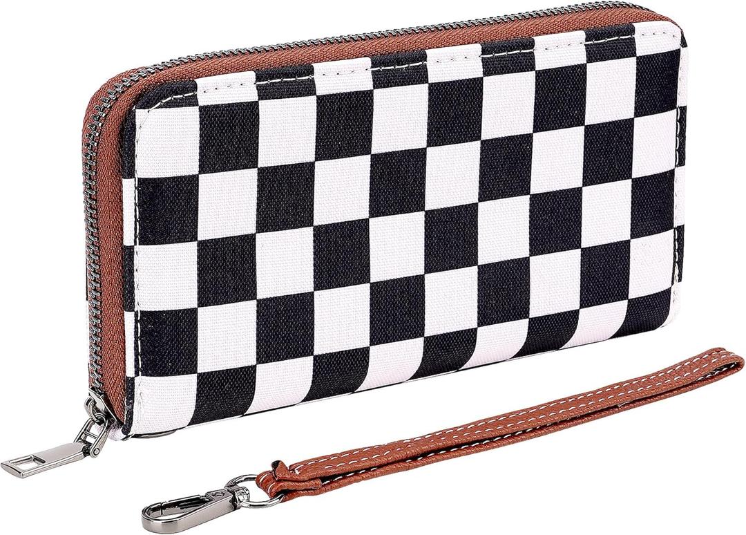 Checkered Wallet for Women with Wrist Strap  Zip Around Canvas Clutch with Card Slots, Cash Pocket & Interior Zip Pouch, Black & White Plaid