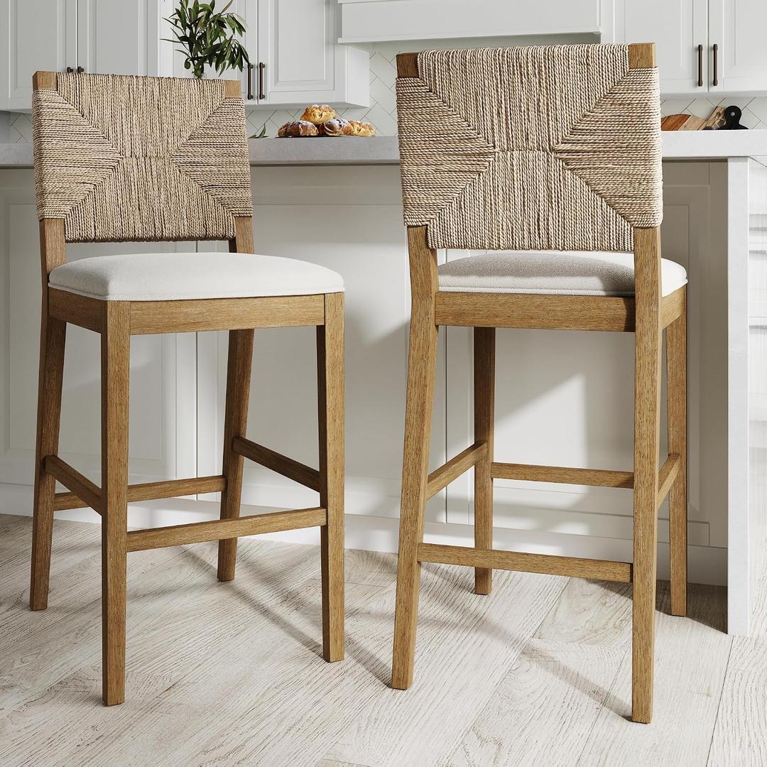 Nathan James Beacon Bohemian Boucle Bar Stool with Back, Bar Height Kitchen Island Chair, Seagrass Bar Stool, Cream Boucle/Brushed Light Brown, Set of 2