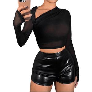 Verdusa Women's Y2k Corset Mesh Top Long Sleeve Crop Tops Asymmetrical Neck Ruched Fitted T Shirts (Black, Small)