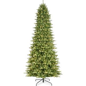 Puleo International 10ft Pre-Lit Slim Fraser Christmas Tree with 900 Warm White LED Lights, 2557 Realistic Dense Branch Tips, Easy Setup Artificial Trees with Sturdy Metal Stand