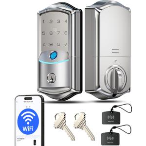 Veise VE027 Built-in Wi-Fi Smart Lock, Fingerprint Keyless Entry Front Door Lock, App Remote & Voice Control, No Hub Needed, Touchscreen Keypad Deadbolt, IP65 Waterproof, BHMA Grade 3, Satin Nickel