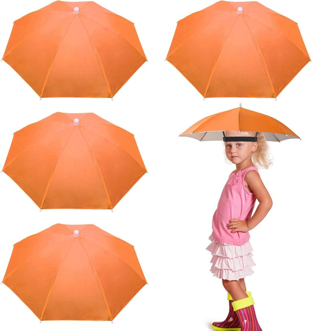 4 Pack Umbrella Hats, 20.5" Hands-Free Head Umbrealla Hats for Kids, Folding Waterproof Umbrella Cap With Head Strap for Outdoor Party Fishing Sun Rain Beach Golf Hiking (Orange)