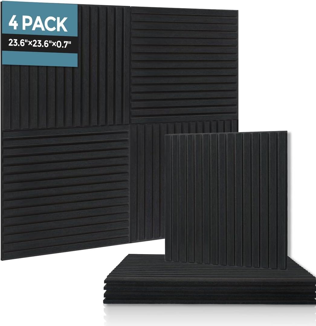 AKUMAX 4 Pack Wood Panels-3D Slat Wall Panelling for Wall-Ceiling and Sound Absorbing - Wooden Wall Panels for Living Room, Bedroom-Fire Retardant & FSC-15.5 ft(Black Oak)