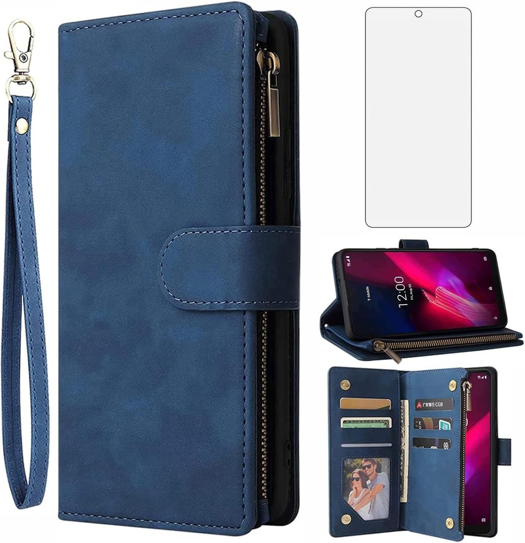 Asuwish Compatible with T-Mobile Revvl 4 Plus Wallet Case and Tempered Glass Screen Protector Flip Cover Card Holder Cell Phone Cases for Tmobile Revel 4+ T Mobile Revvl4+ TCL Revell Four + 4Plus Blue